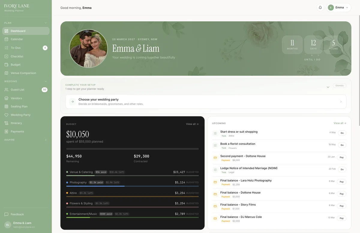 Ivory Lane wedding planner dashboard