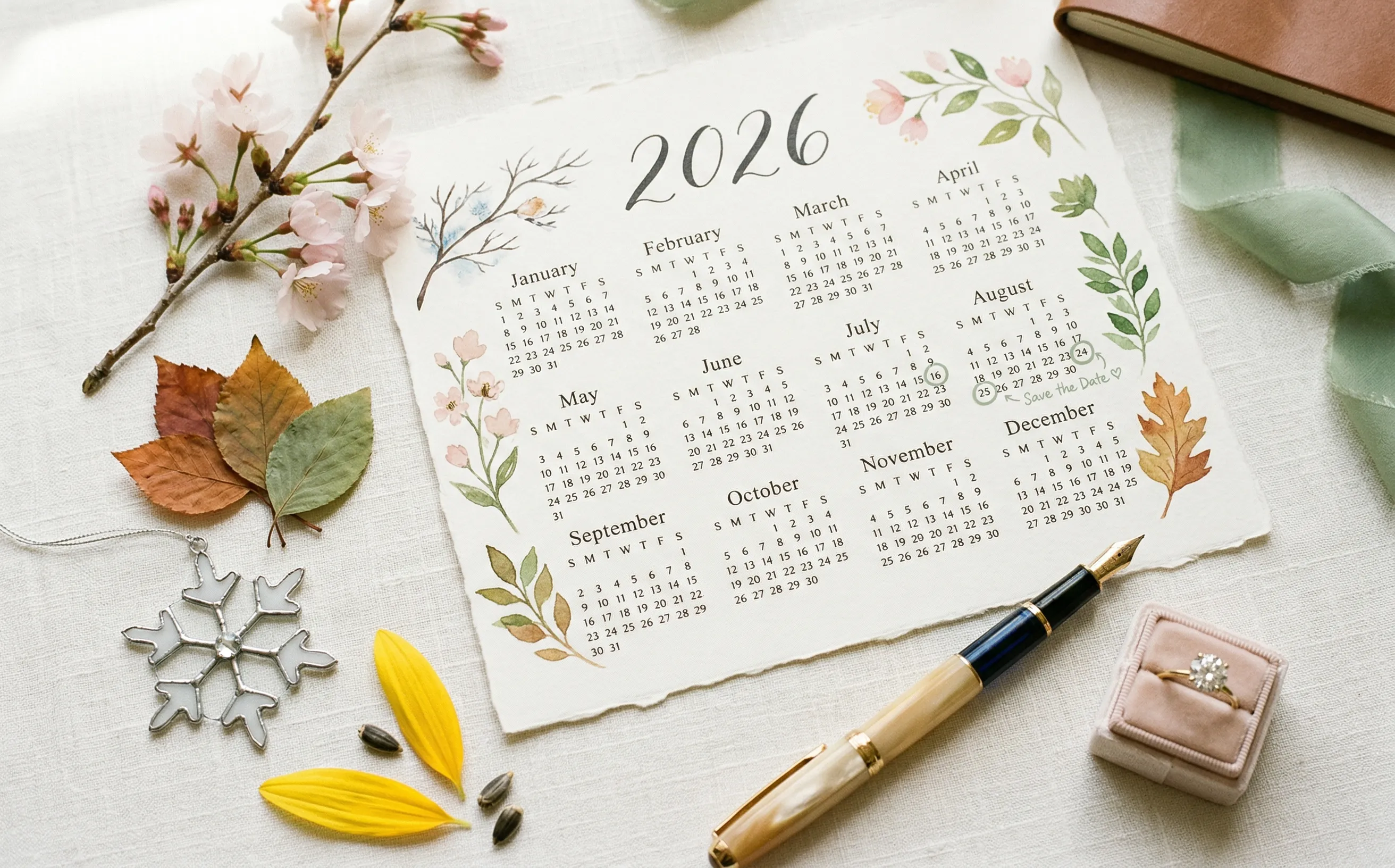 Wedding date planning with calendar, seasonal elements, and engagement ring