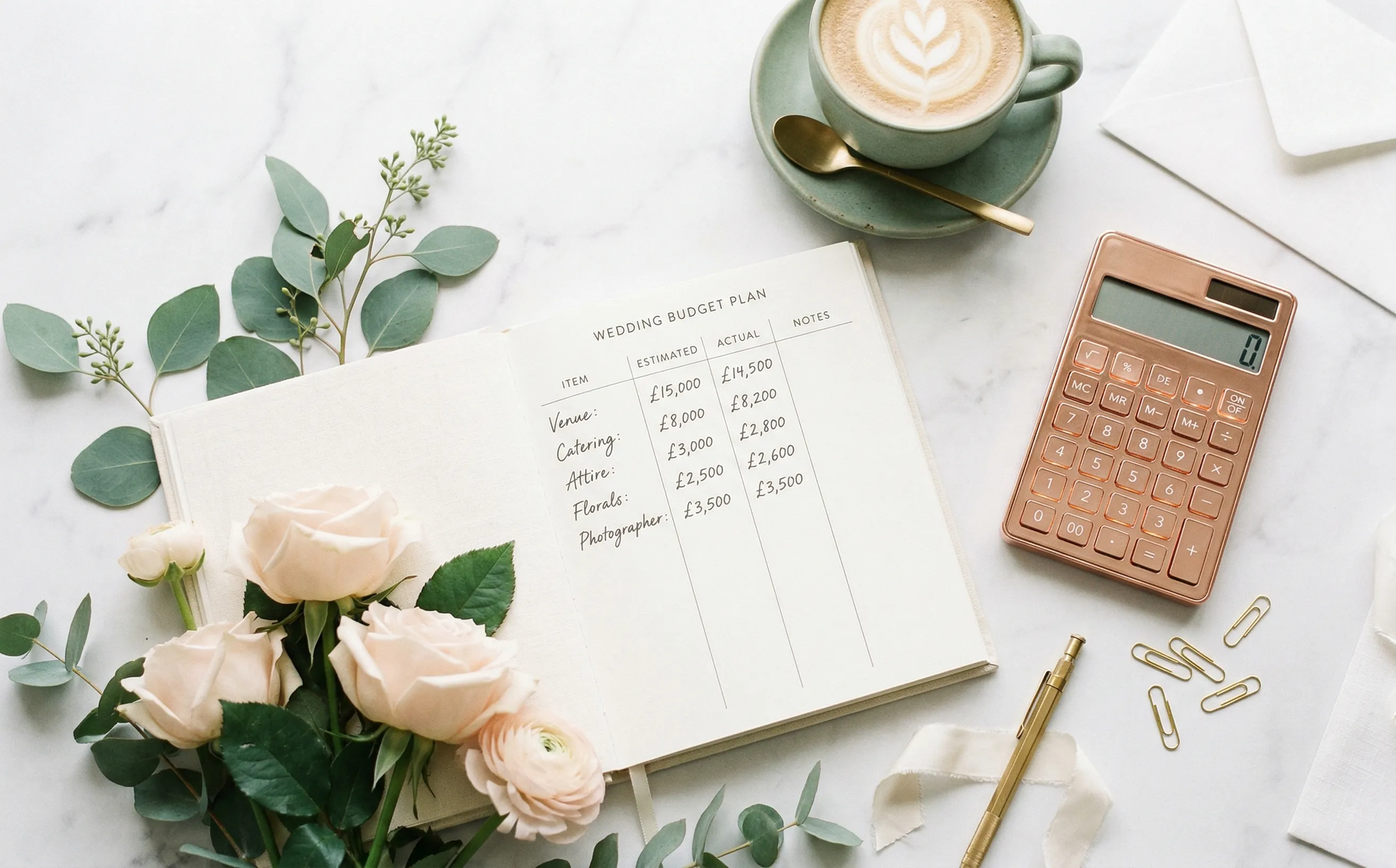 Wedding budget planning flat-lay with notebook, calculator, and roses