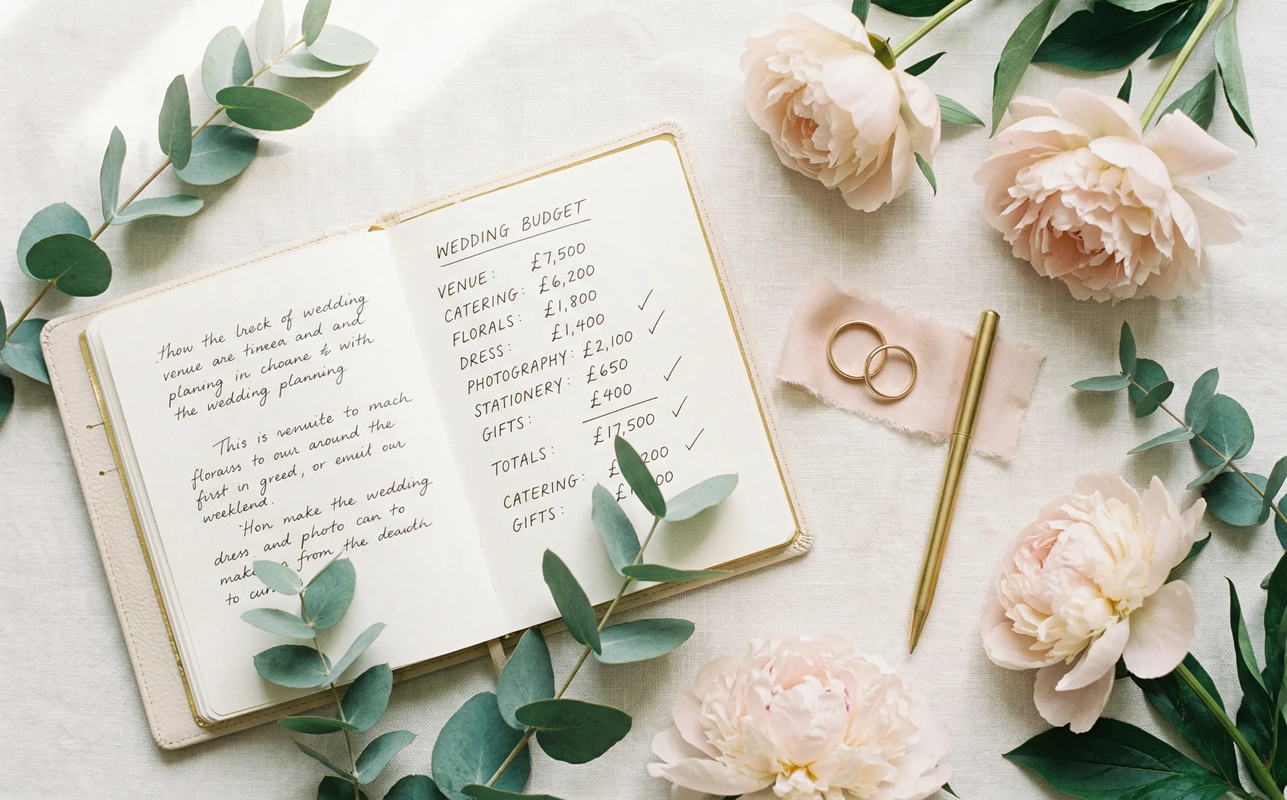 Wedding planning flat-lay with notebook, flowers, and gold rings