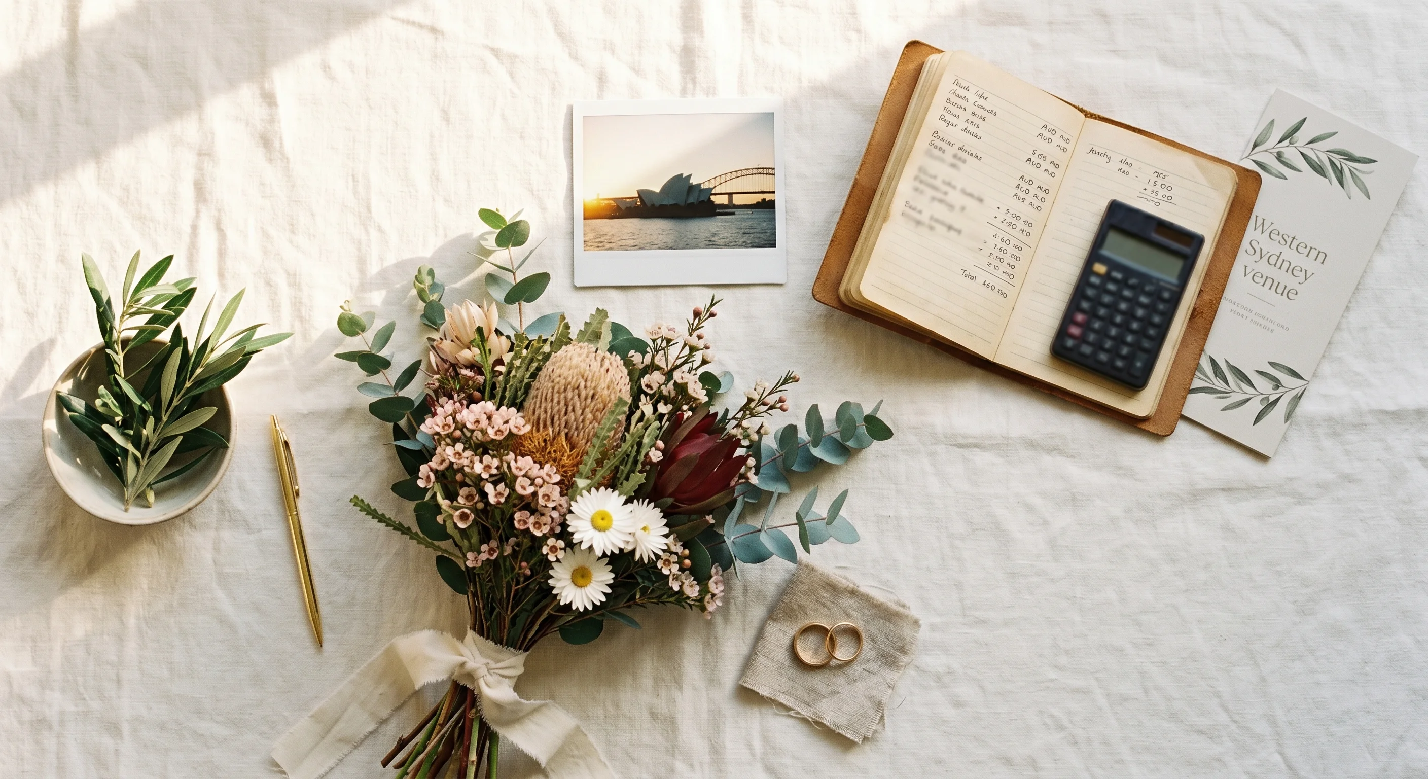 Editorial Sydney wedding flat-lay with harbour-view photo, native bouquet, gold rings, AUD budget notebook and Western Sydney venue brochure on linen.
