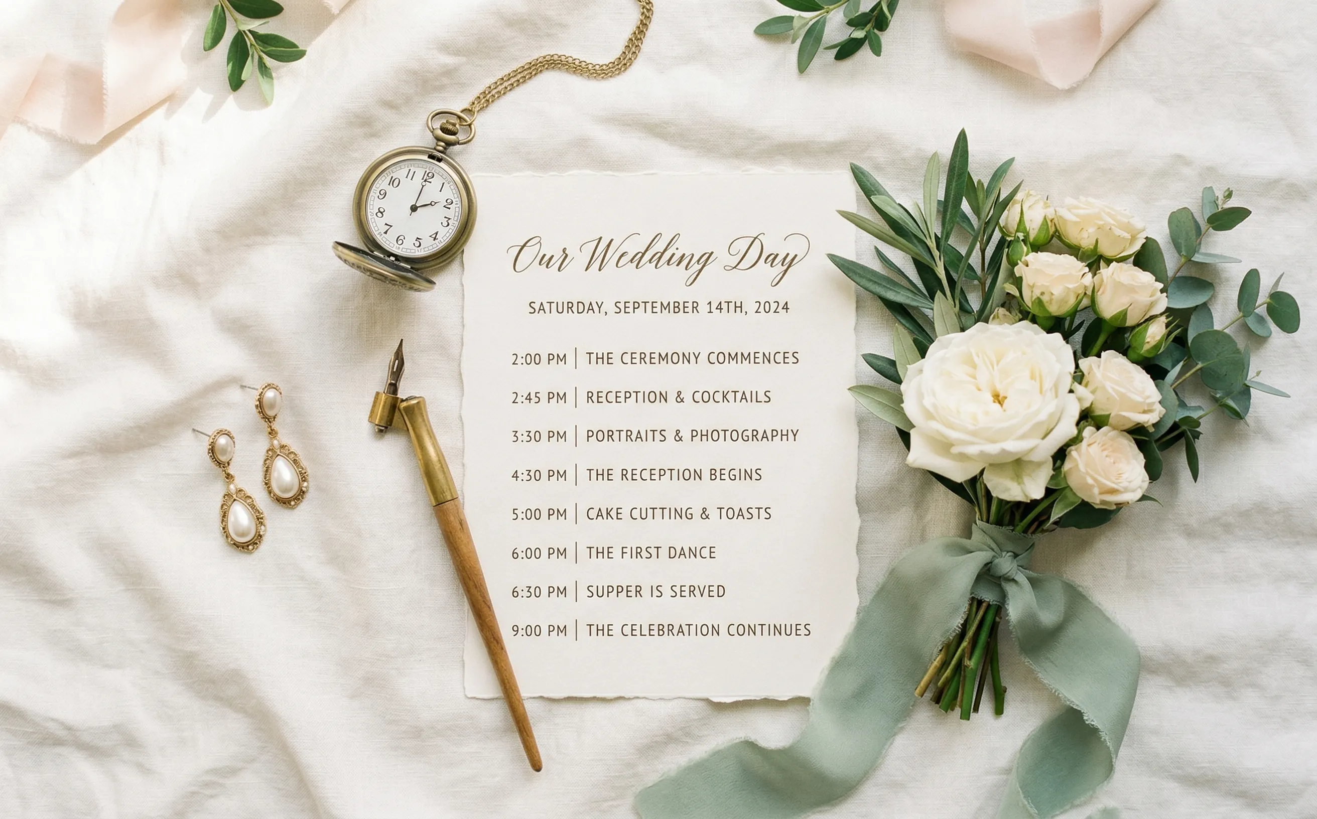 Wedding day timeline on cream card with pocket watch and roses