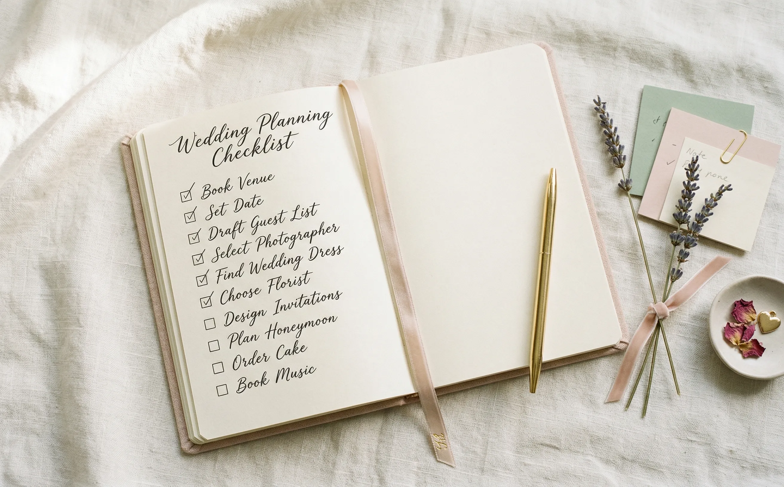 Wedding planner notebook with checklist and gold pen on linen surface