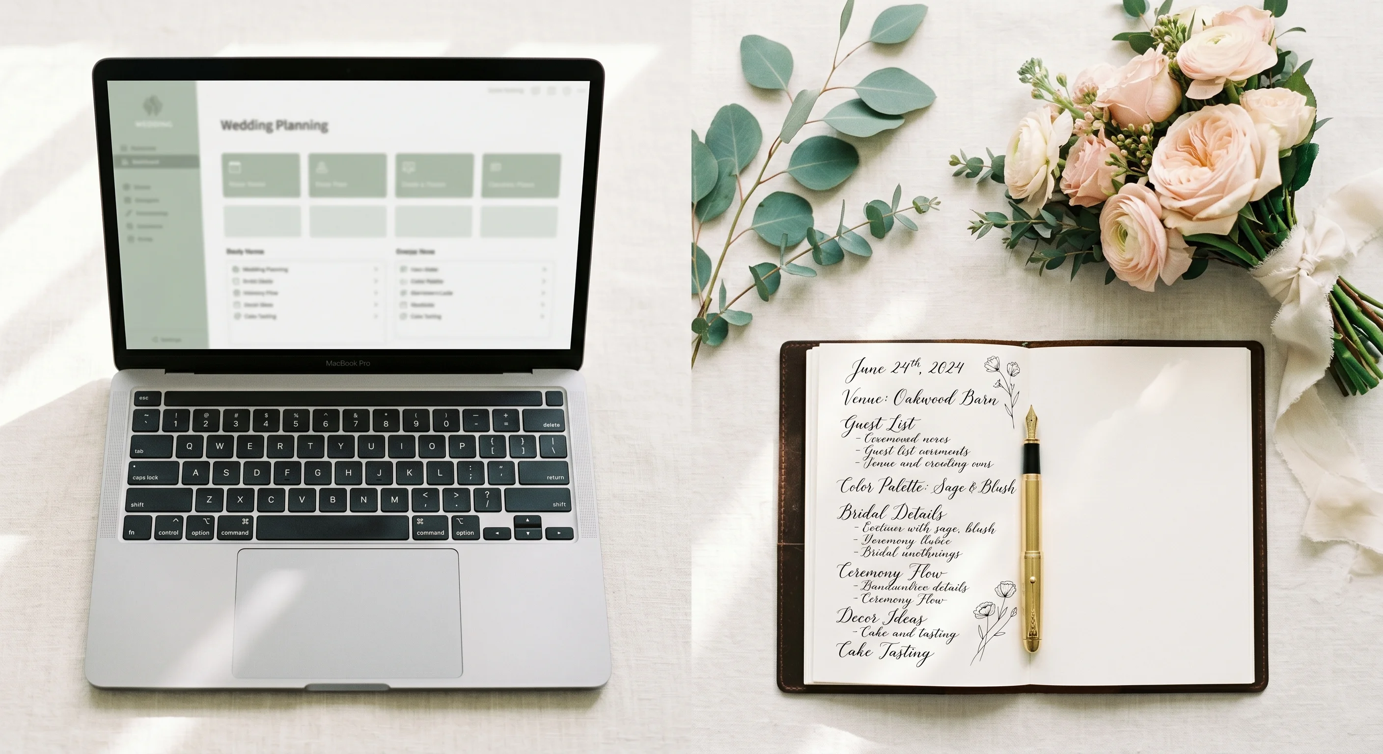 Editorial wedding flat-lay split between an open laptop showing a wedding planner dashboard and a leather-bound notebook with handwritten wedding notes, eucalyptus and blush roses.