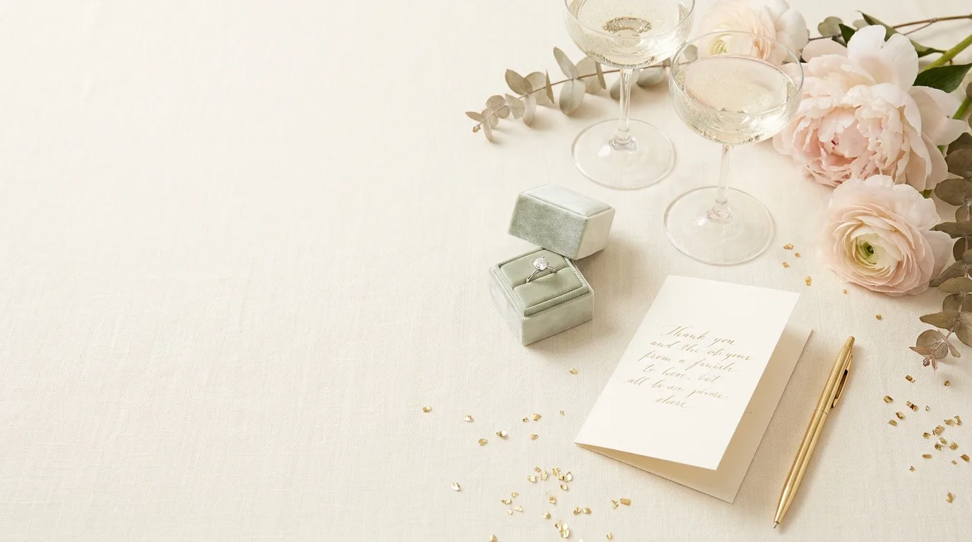Editorial engagement flat-lay: a sparkling diamond ring in an open velvet box, two champagne coupes, blush peonies, a congratulations card and gold confetti on a warm ivory linen surface.