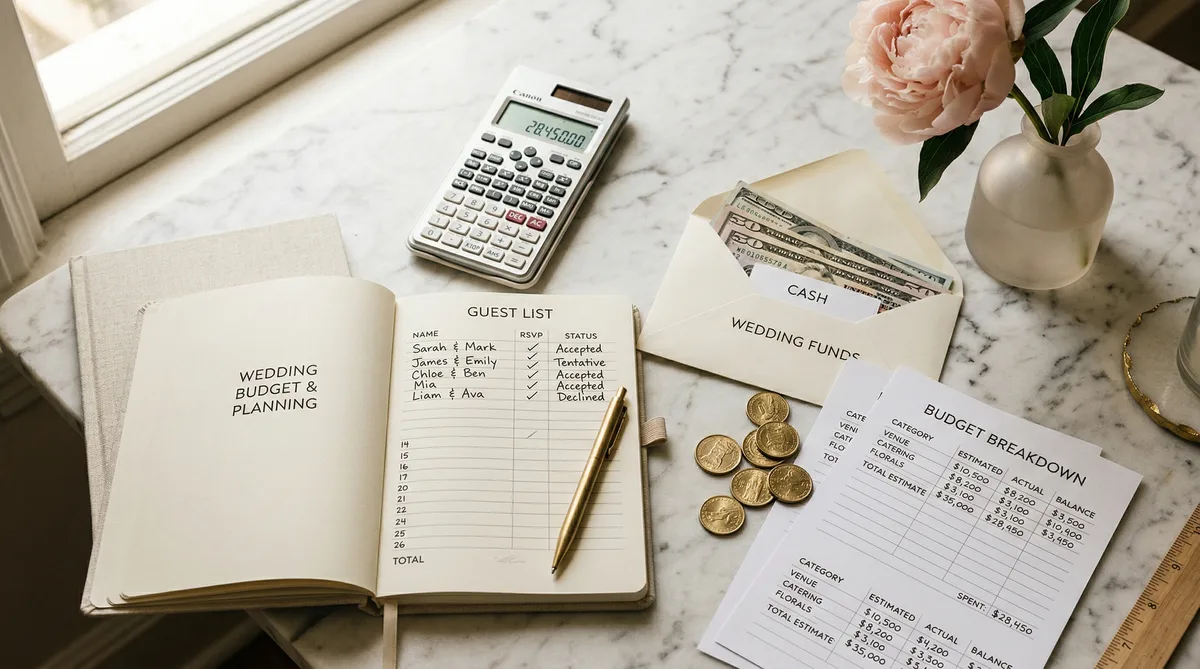 Wedding budget planning flat-lay with calculator, guest list, and cost breakdown sheets