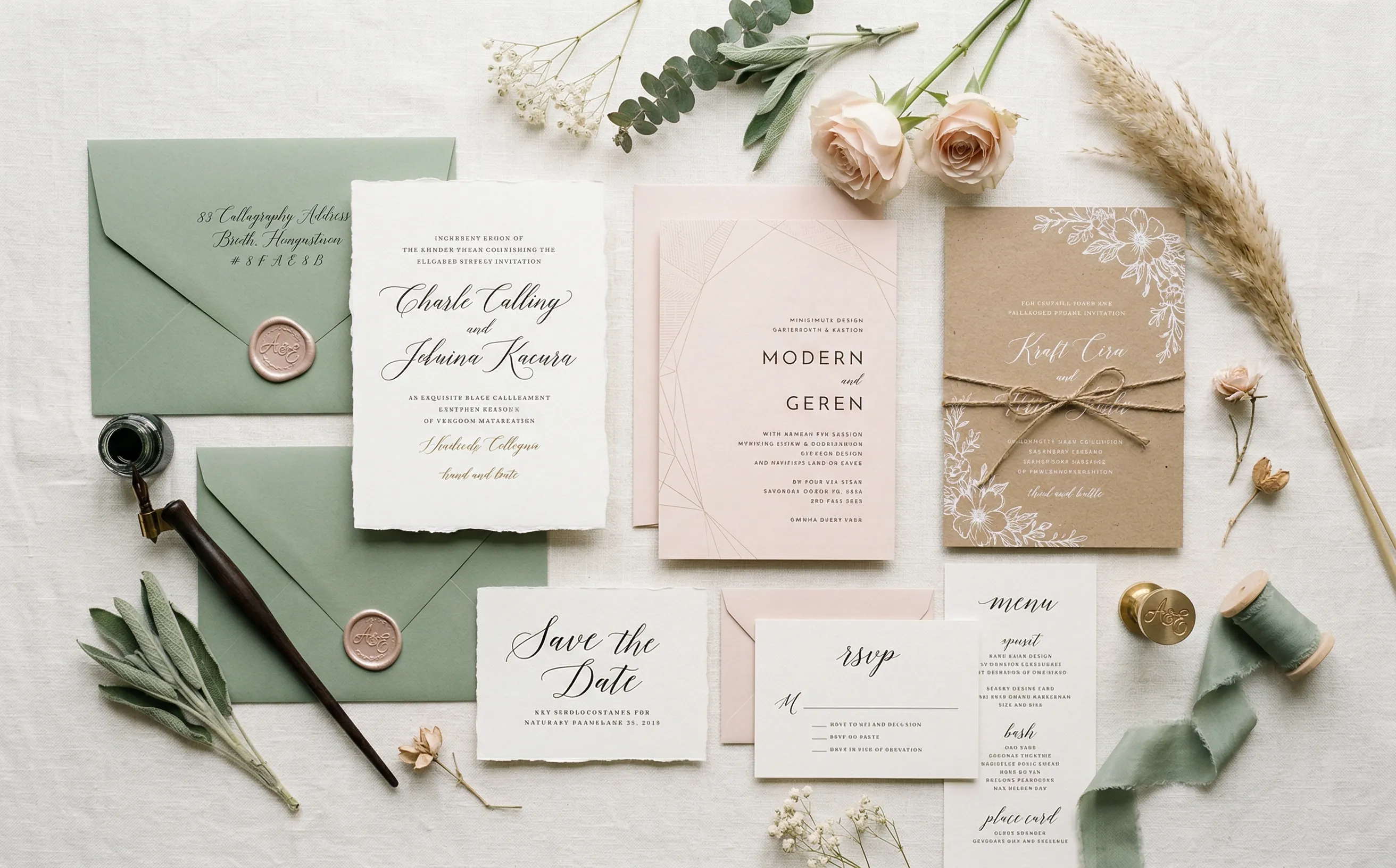 Elegant wedding invitation suite with calligraphy, wax seal, and dried flowers on a linen surface