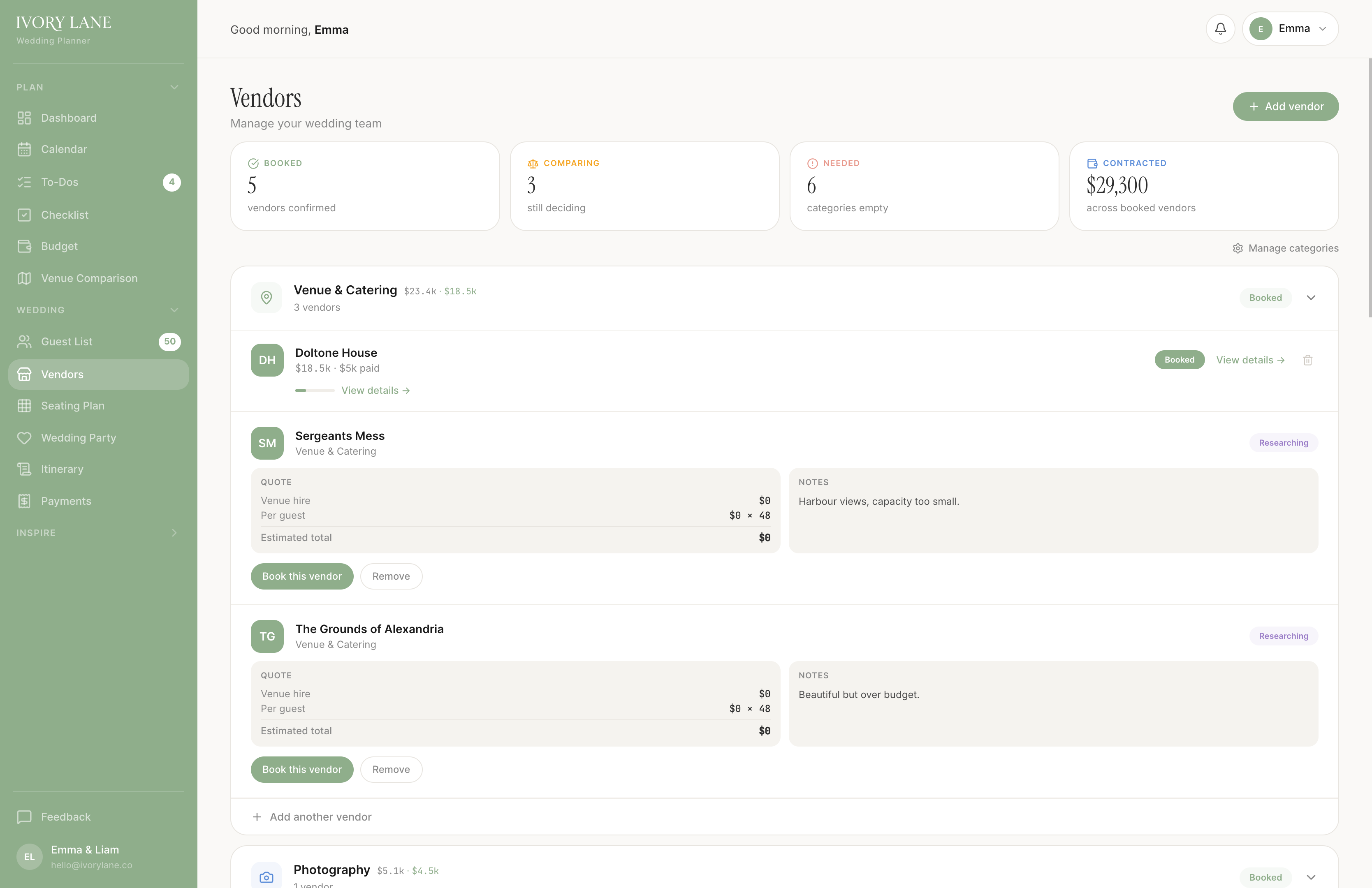 Vendor Tracking — Every vendor, contract, and deposit in one place.